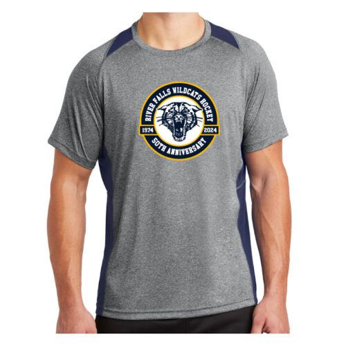 River Falls HS Hockey - 50th Anniversary Heather Gray and Navy Colorblock Performance Tee (ST361)