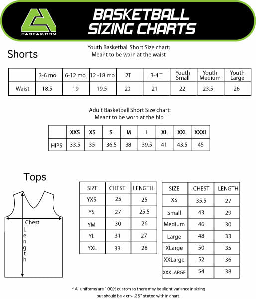 Basketball Jersey Number Size Chart