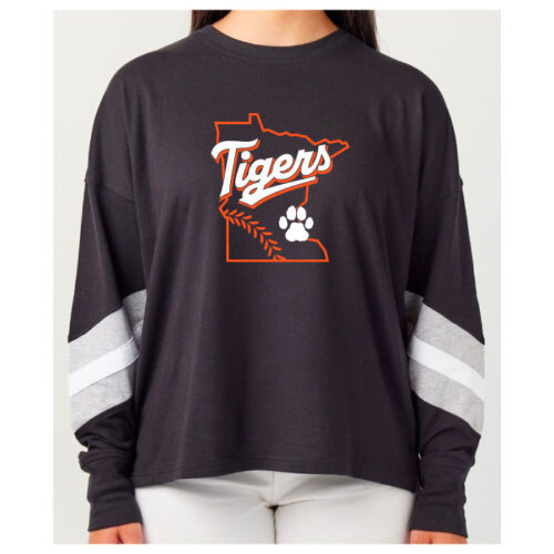 Farmington Baseball - Black Ladies Boxy Varsity Long Sleeve Tee (EZ147)