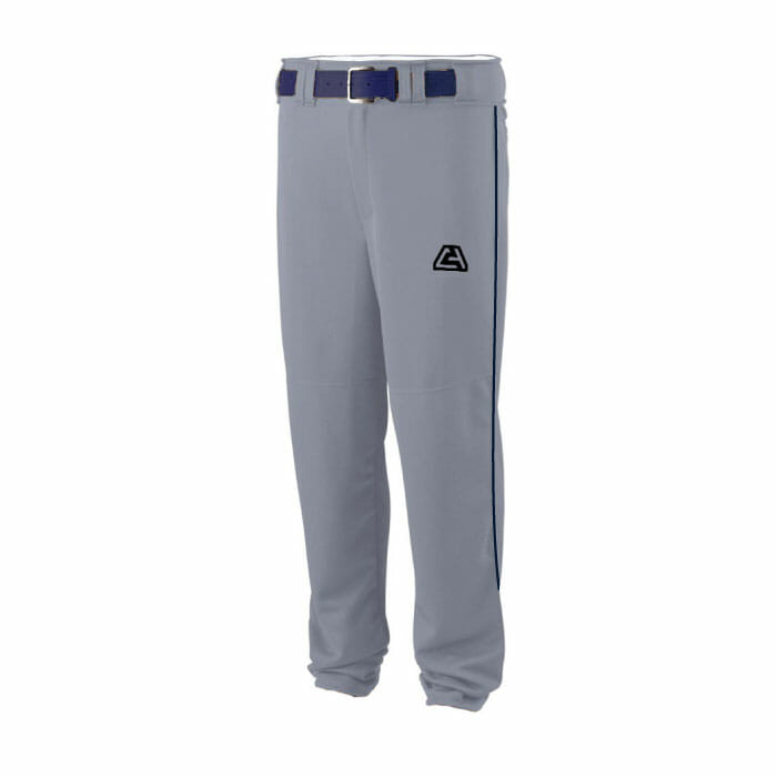 gray baseball pants with blue stripe